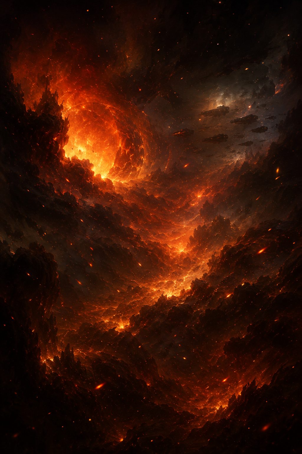 A fleet advances through a burning nebula
